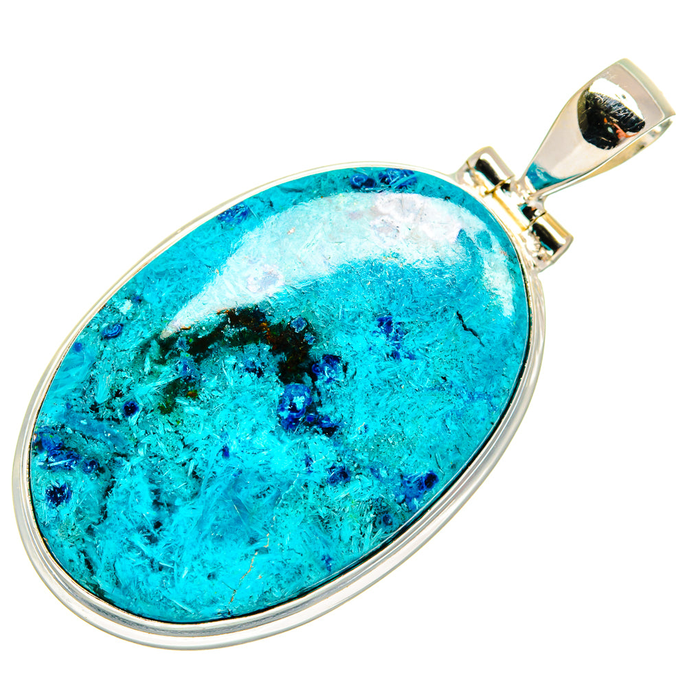 Oval chrysocolla turquoise pendant set in 925 sterling silver with hinged bail