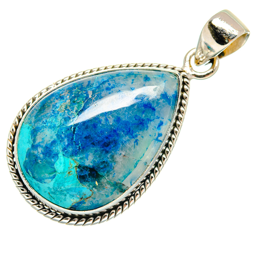 Teardrop blue chrysocolla-in-quartz pendant with sterling silver rope border and bail