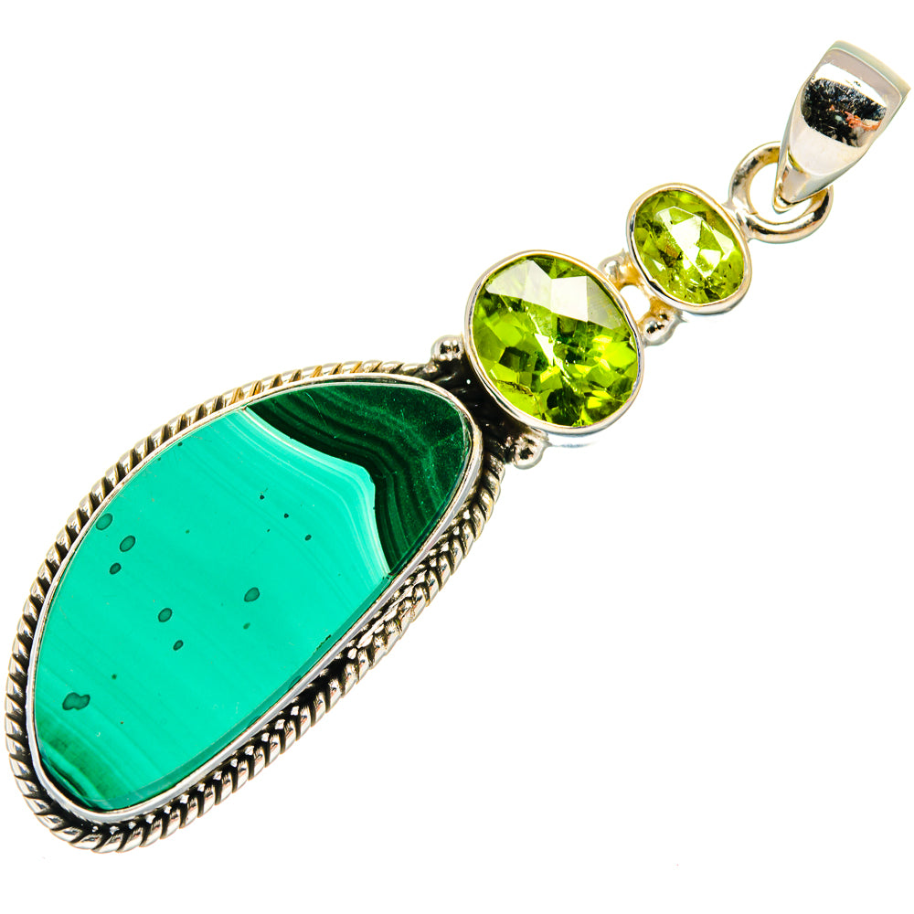 925 silver teardrop malachite pendant with three bezel-set peridot green stones and bail