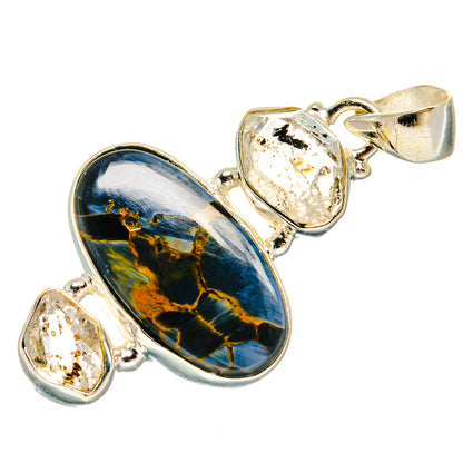 Sterling silver pendant with oval blue pietersite and two clear herkimer crystal stones