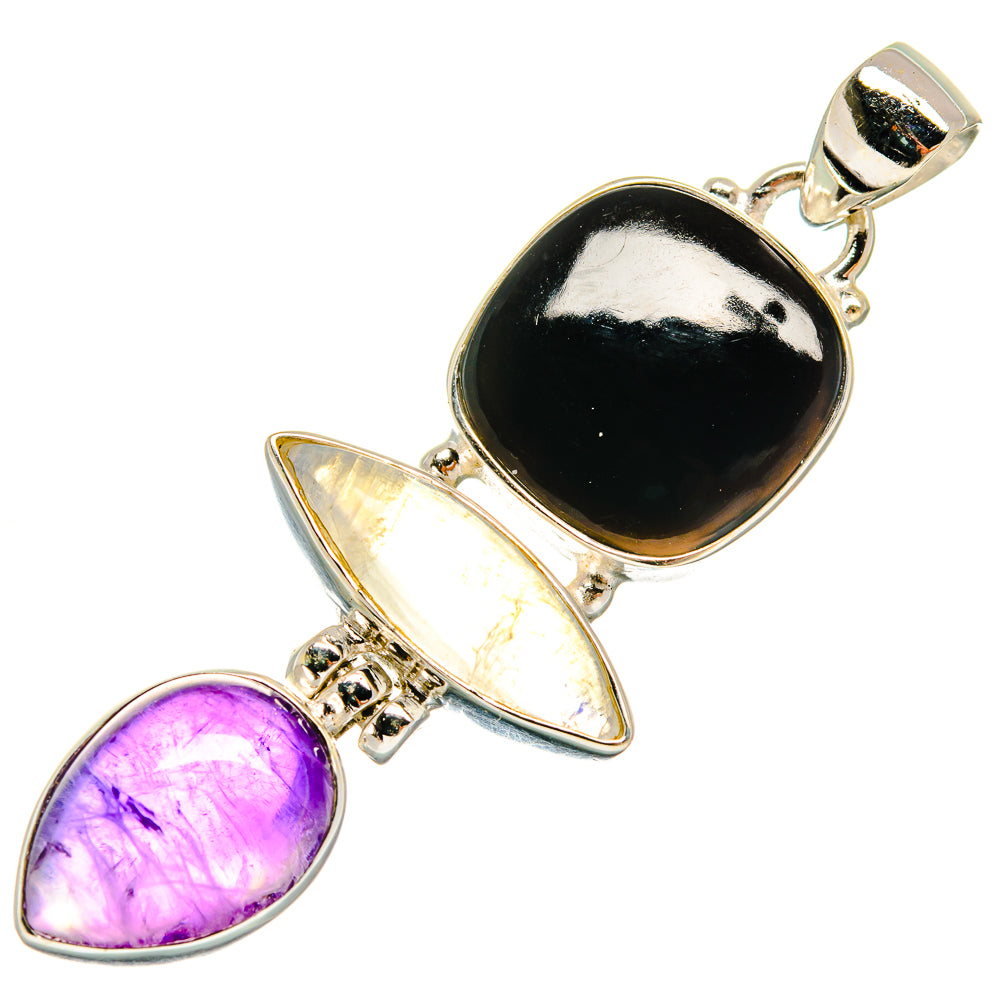 Three-stone gemstone pendant: black onyx, amethyst, and iridescent stone in silver