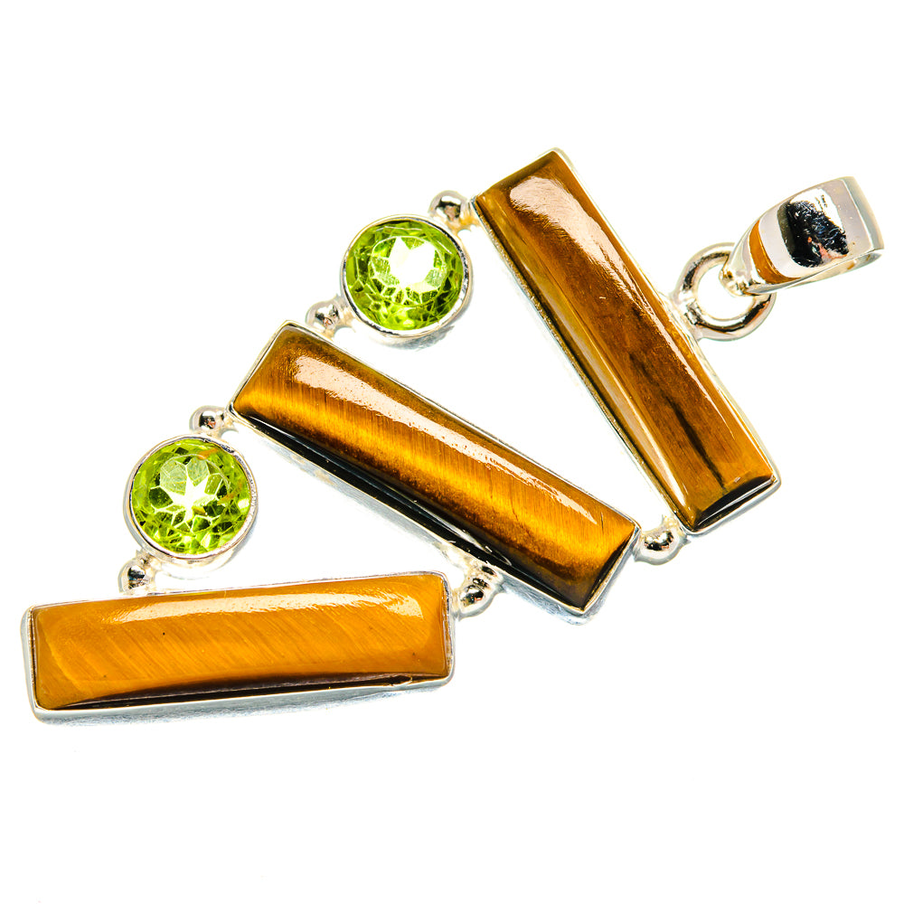 Tiger eye bar and green peridot disc pendant in sterling silver, front view on white