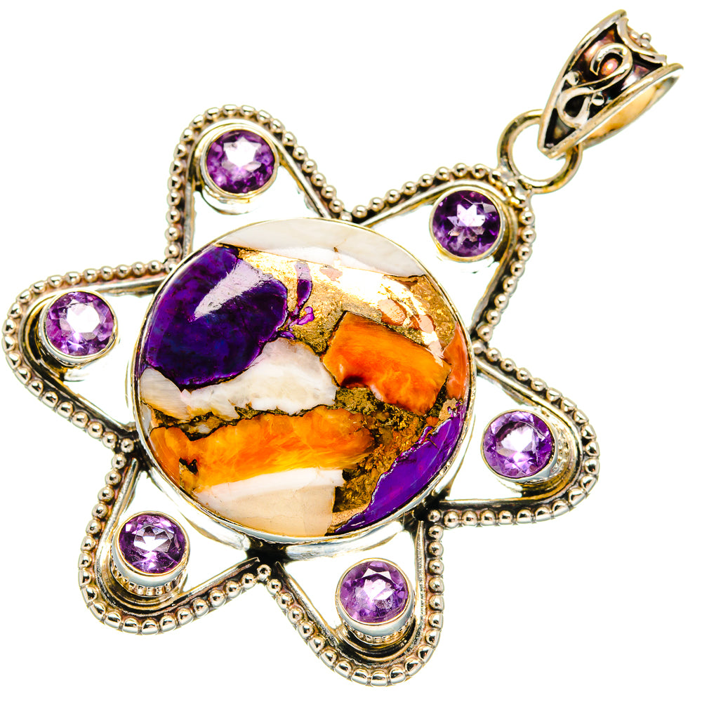 Spiny oyster round pendant with purple amethyst accents and ornate silver border, front view