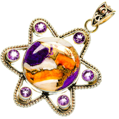 Spiny oyster round pendant with purple amethyst accents and ornate silver border, front view