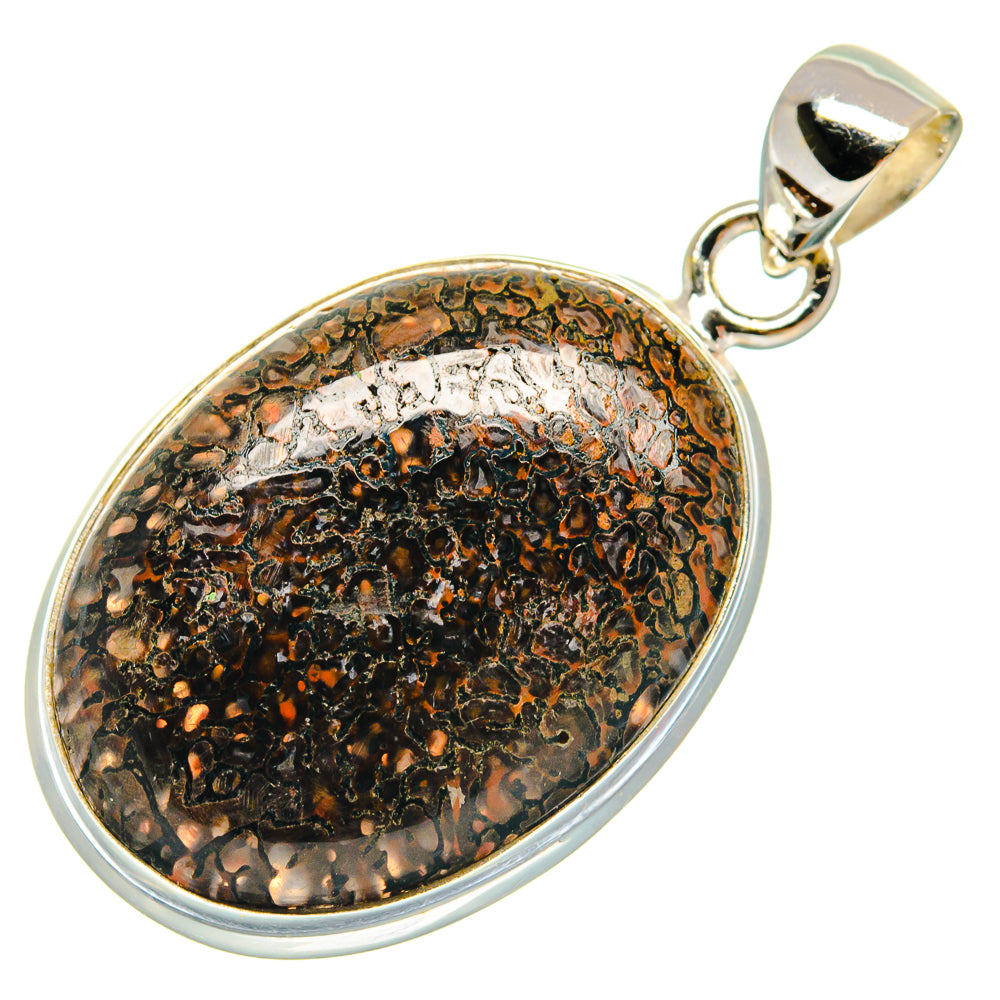 Sterling silver dinosaur bone pendant, oval stone with black and amber mottling