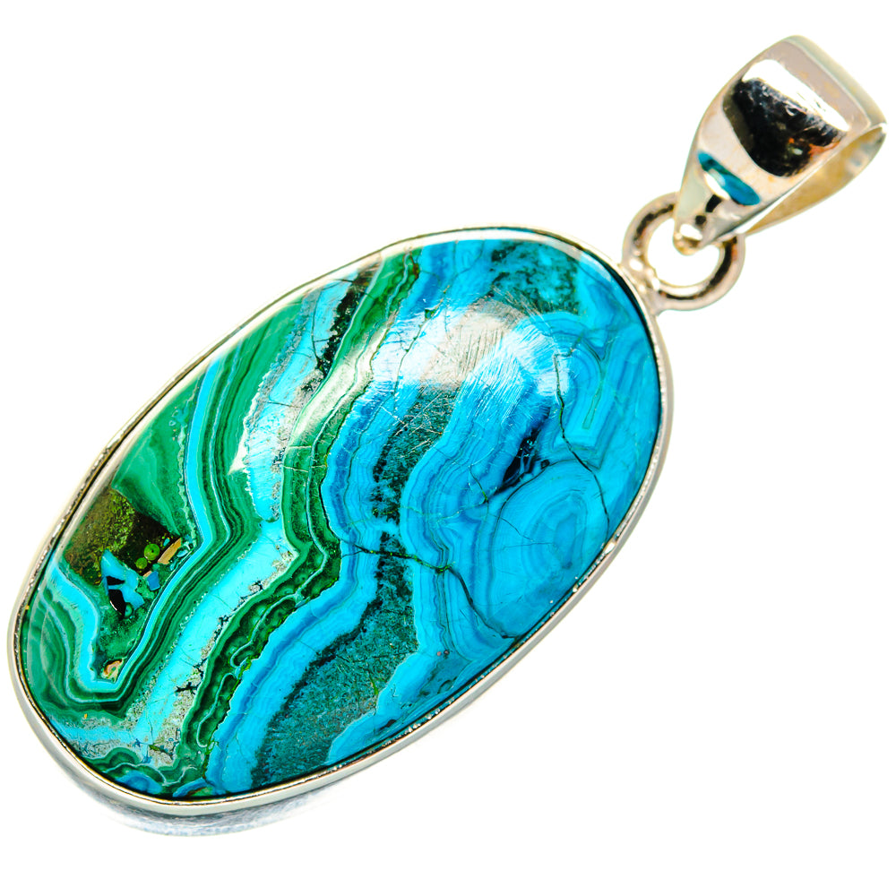 Oval malachite and chrysocolla pendant in 925 sterling silver with polished bail