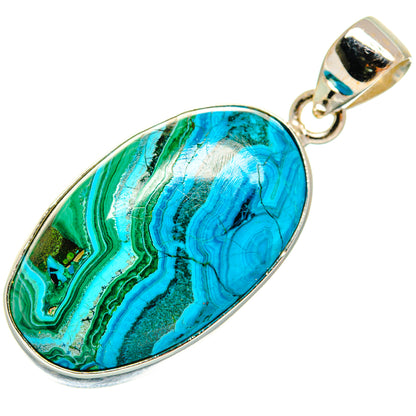 Oval malachite and chrysocolla pendant in 925 sterling silver with polished bail