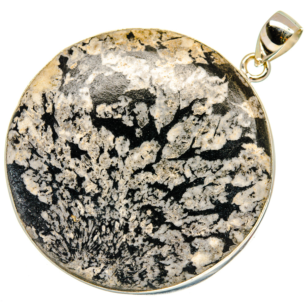 Round chrysanthemum stone pendant, gold-tone 925 sterling silver bezel and bail.