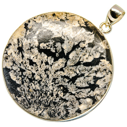 Round chrysanthemum stone pendant, gold-tone 925 sterling silver bezel and bail.