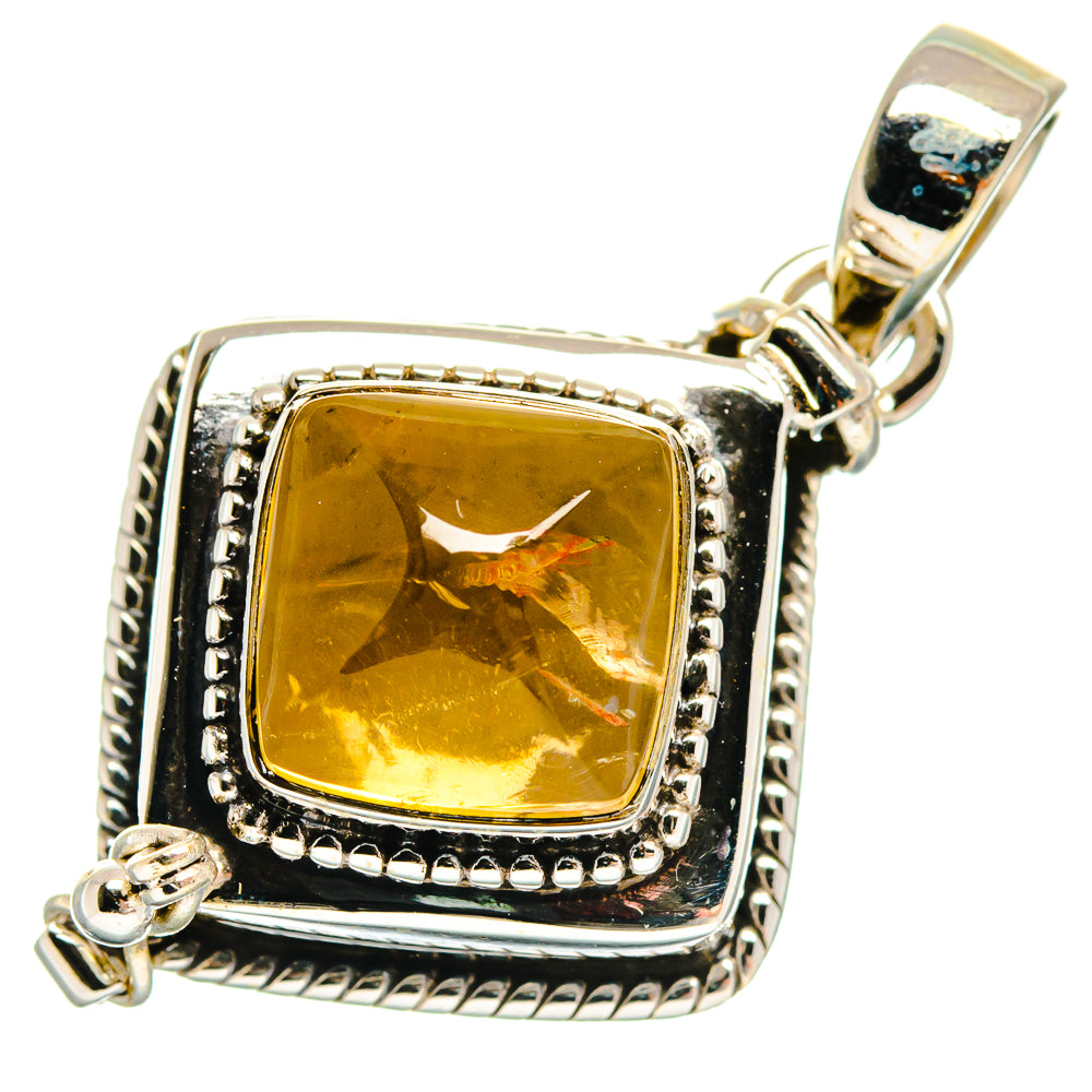 Square citrine pendant in 925 sterling silver bezel with scalloped border and bail
