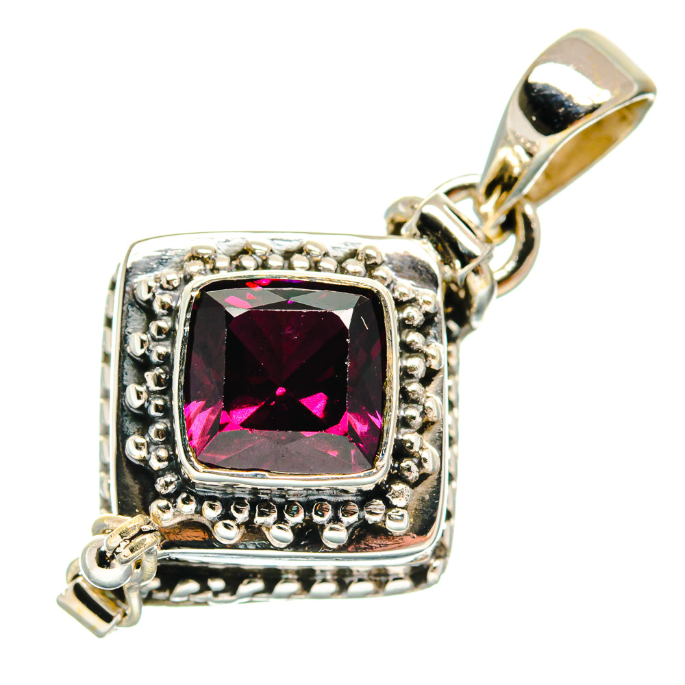 925 sterling silver square garnet pendant with maroon stone, beaded border, hanging bail