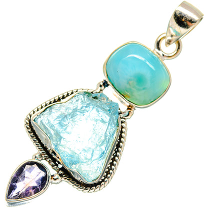 Rough aquamarine and larimar gemstone pendant with tanzanite teardrop, 925 silver