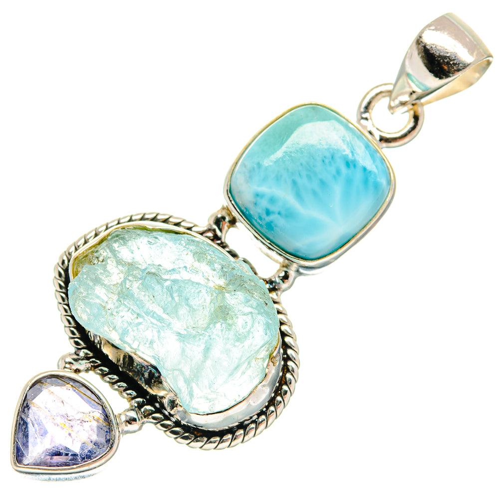 Sterling silver pendant with rough turquoise oval and pale green oval stones, small purple accent