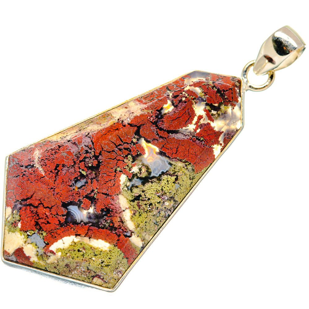 Plume agate pendant, 925 sterling silver bezel; red/black/cream/yellow stone