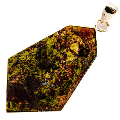 Sterling silver plume agate pendant with large octagonal stone and dark yellow-green flecks