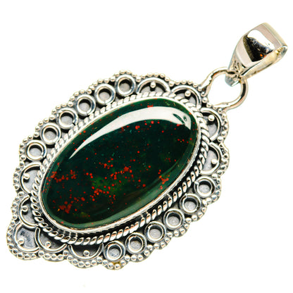 Oval bloodstone pendant in 925 sterling silver, ornate bezel with dark green red-speckled stone
