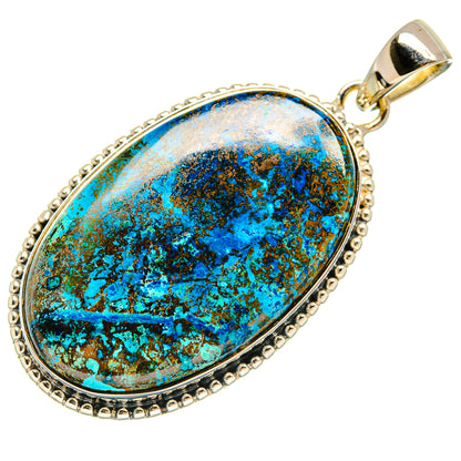 Shattuckite pendant with oval turquoise-blue stone, beaded sterling silver frame and bail