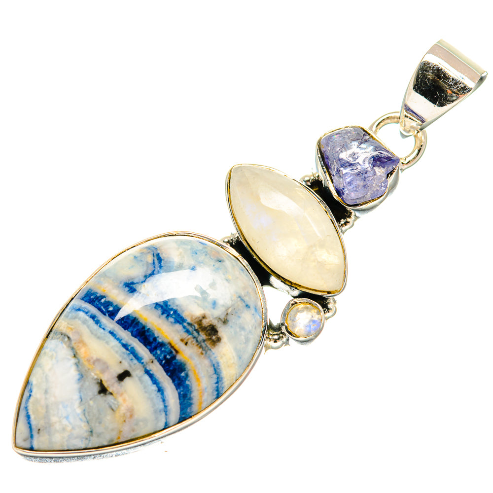 Sterling silver gemstone pendant with blue scheelite, moonstone, tanzanite and opal accents