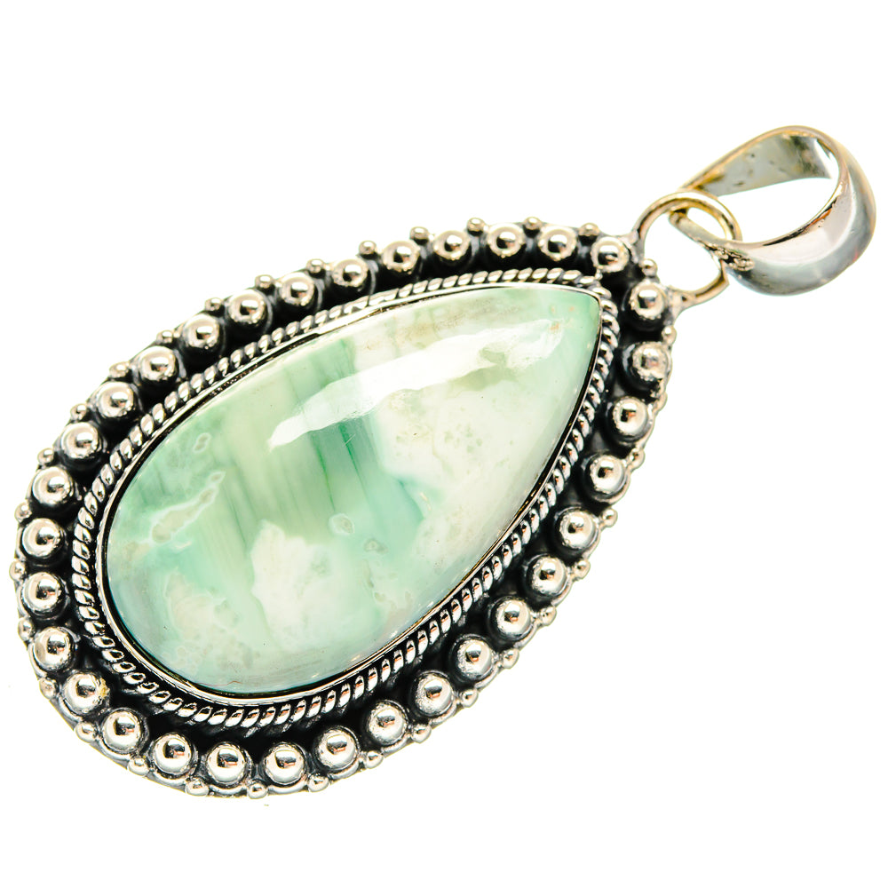 Sterling silver ocean jasper pendant with green oval teardrop stone and round bead border