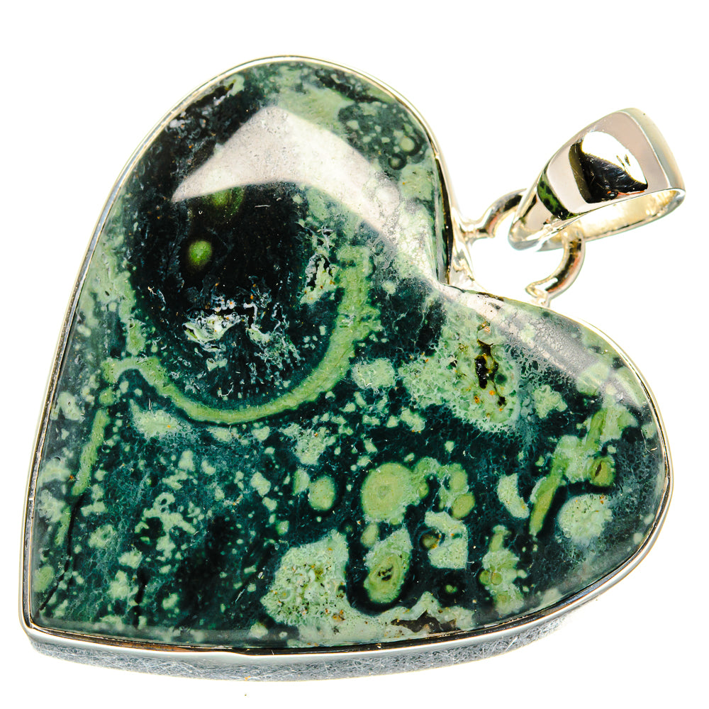Heart-shaped green and black jasper pendant with 925 sterling silver bail and frame