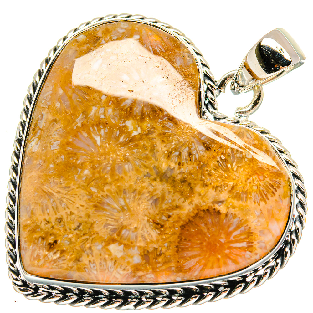 Heart coral pendant in 925 sterling silver setting, orange amber stone, bail top