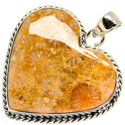 Heart coral pendant in 925 sterling silver setting, orange amber stone, bail top