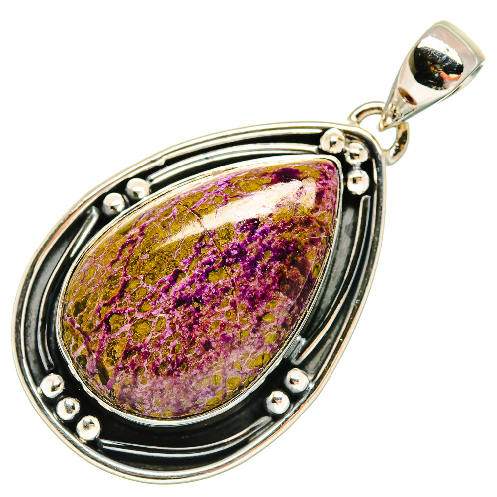 Stichtite teardrop pendant with purple marbled stone and sterling silver bezel