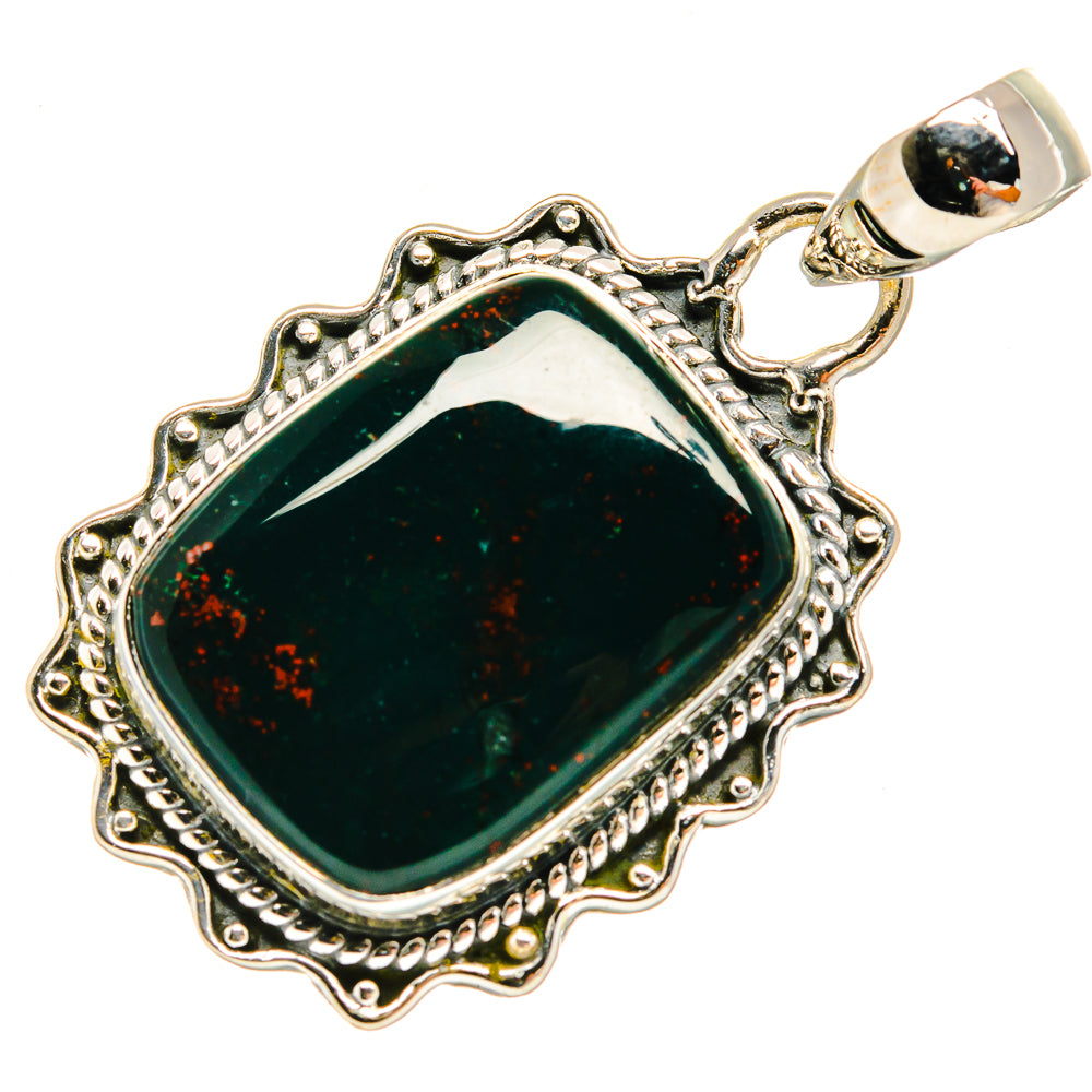Rectangular green bloodstone pendant with raised silver filigree border and round bail