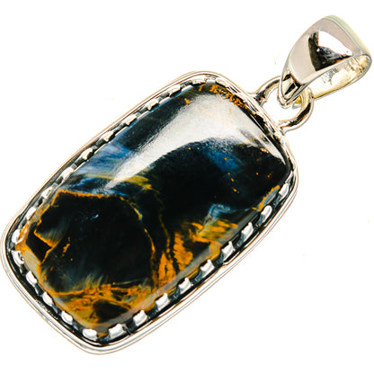 Pietersite pendant with dark blue-black stone and gold streaks, silver bezel and bail