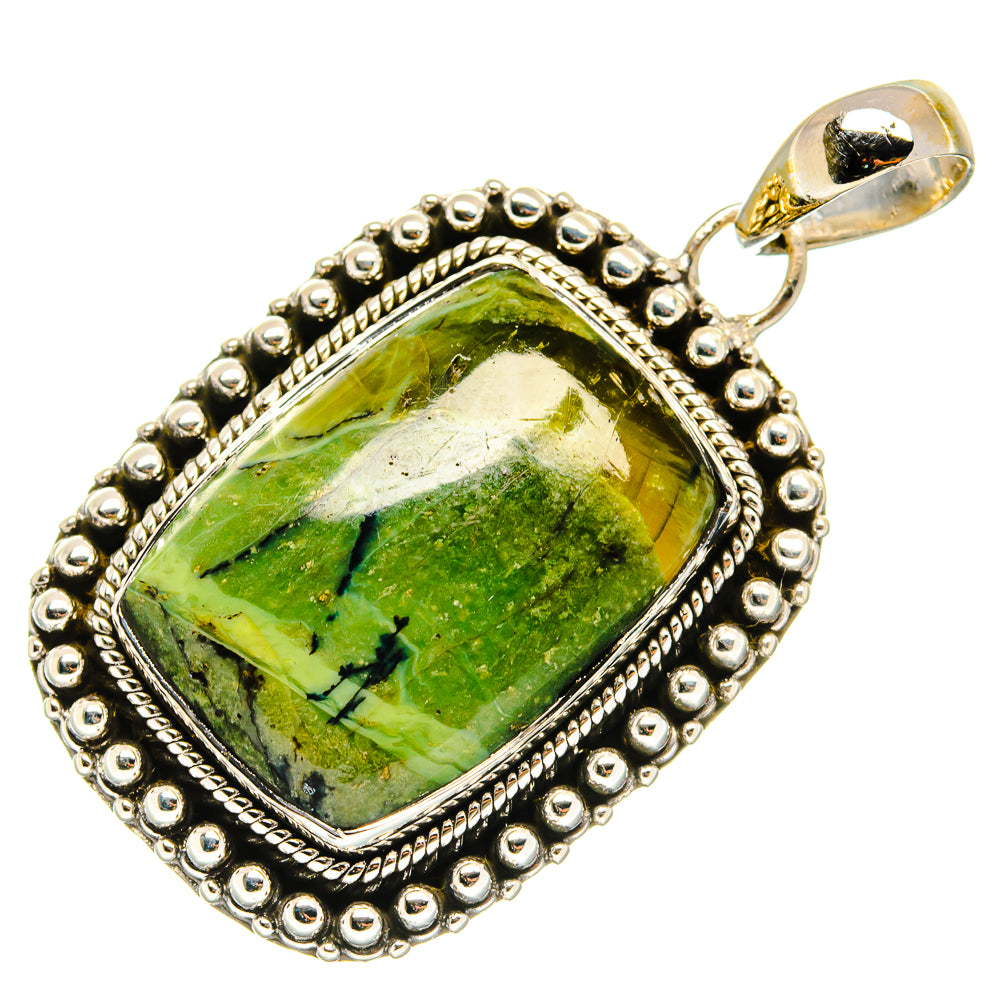 Green opal pendant in ornate sterling-silver bezel with bail and beaded border
