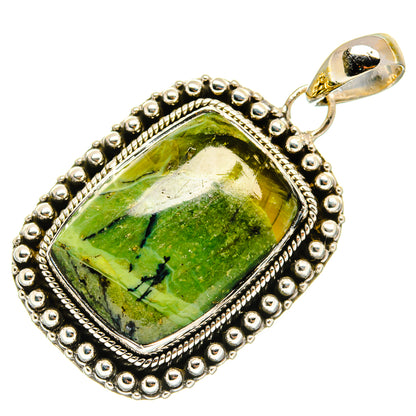 Green opal pendant in ornate sterling-silver bezel with bail and beaded border