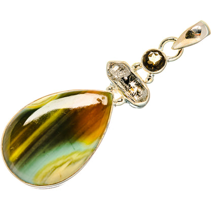 Teardrop gemstone pendant with green-yellow banded stone and sterling silver frame