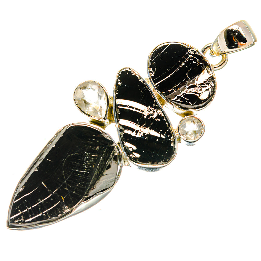 Rough black shungite and clear quartz pendant, prong-set 925 sterling silver frame