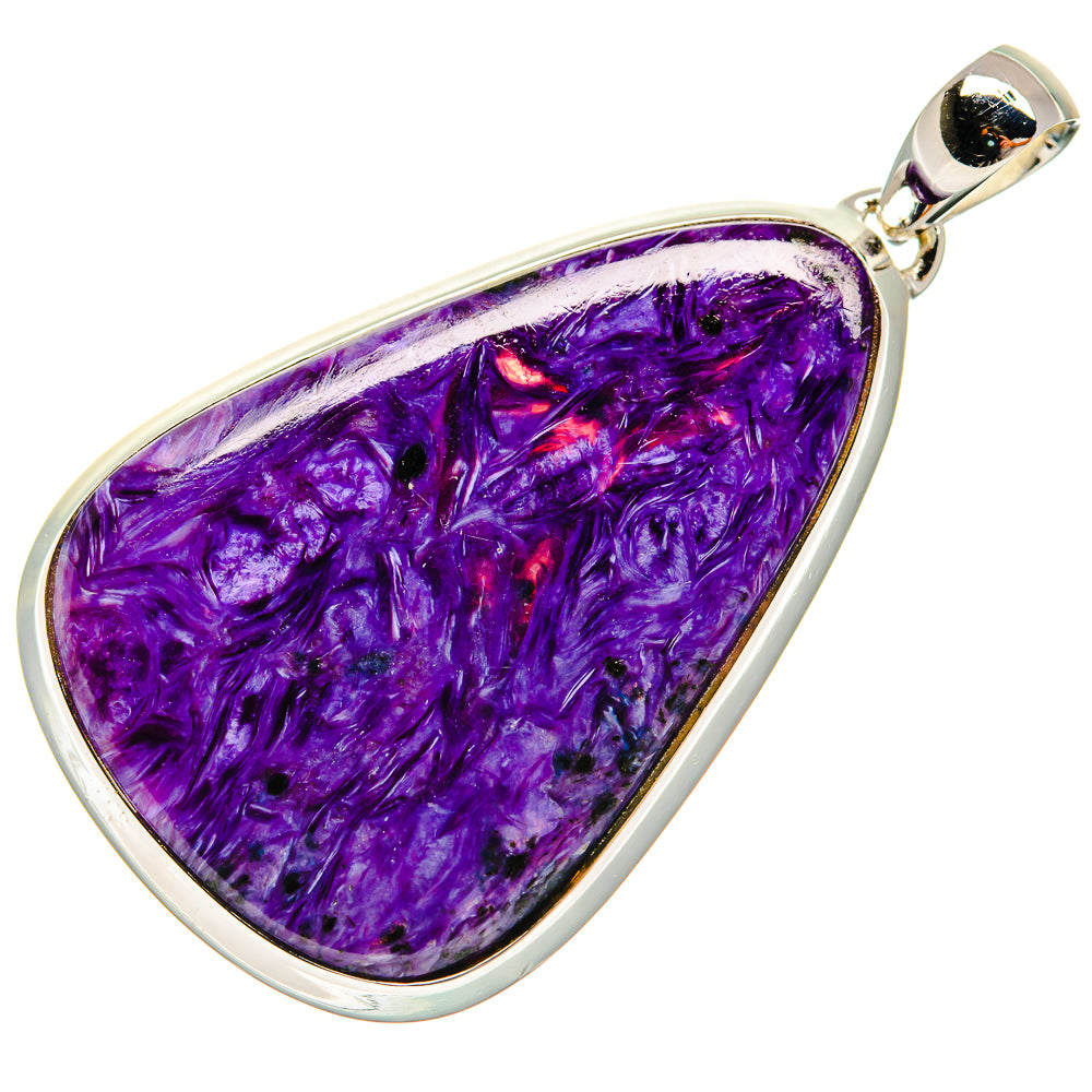 Purple charoite teardrop pendant with silver bail and polished bezel