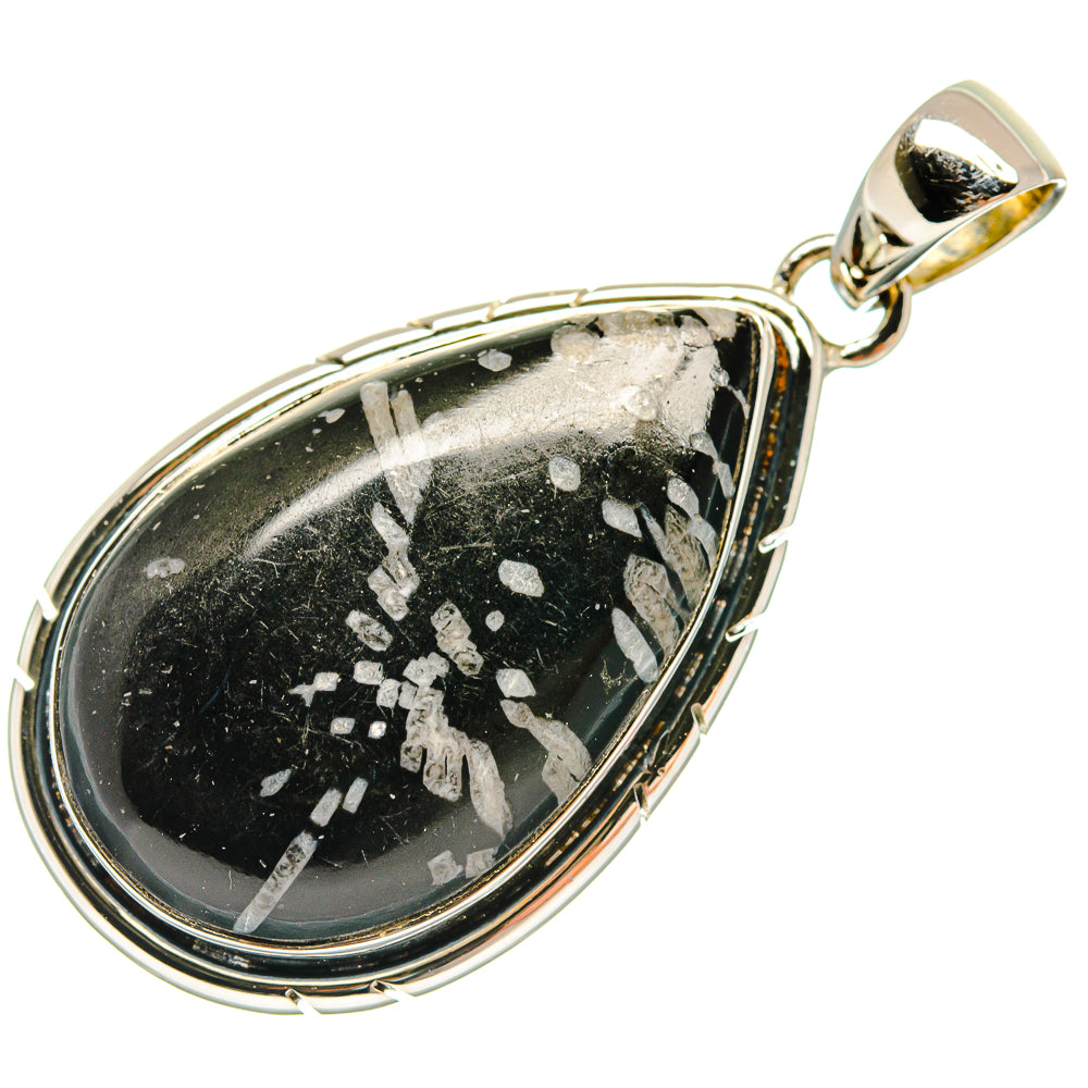 Sterling silver teardrop pendant with black stone, silver fleck pattern, capped bail
