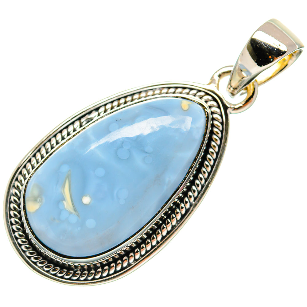 Oval blue opal pendant in ornate 925 sterling silver bezel with bail