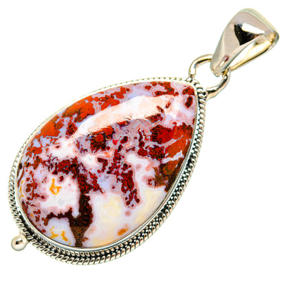 Large teardrop red and white agate pendant with 925 sterling silver frame and bail