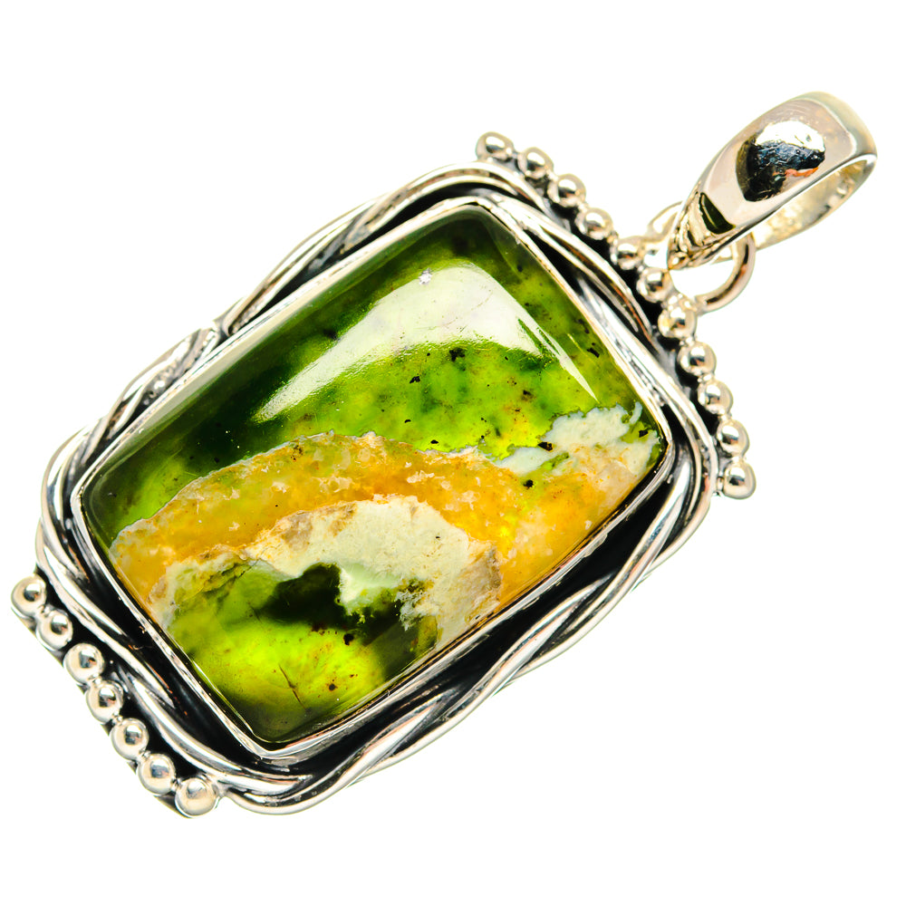 Green opal pendant in 925 sterling silver bezel, teardrop shape with hanging bail.