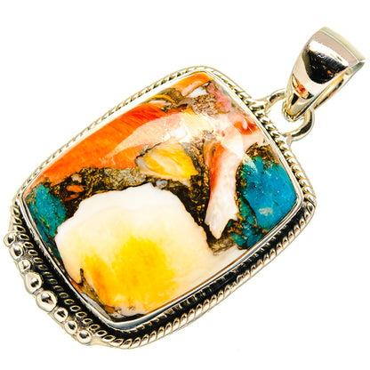 Rectangular spiny oyster pendant in 925 sterling silver with turquoise inlay
