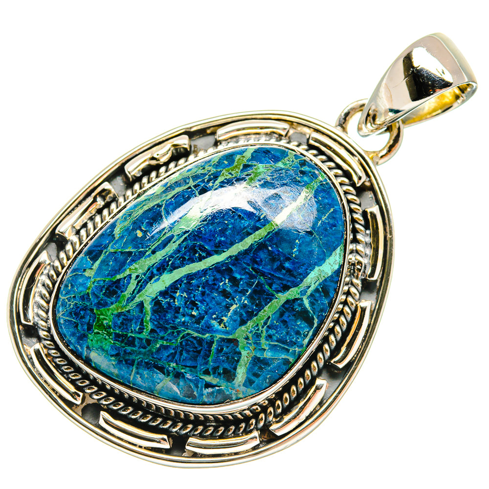 Azurite blue oval pendant with detailed rope-edge 925 sterling silver frame and bail