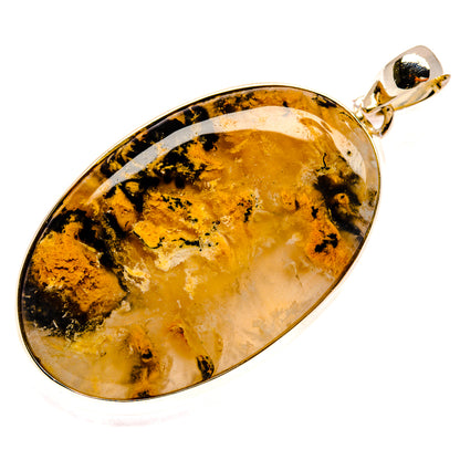 Oval agate pendant with sterling silver rim, amber and black mottled gemstone, bail.
