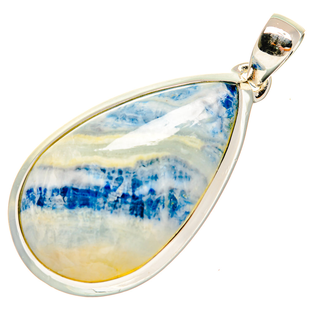 Teardrop scheelite pendant with blue stone in 925 sterling silver, angled view