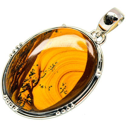 Picture jasper oval pendant with silver bail and decorative bead edge, 925 sterling