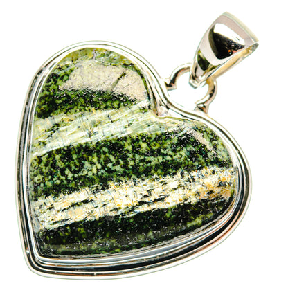 Heart-shaped lizard jasper pendant with sterling silver wire frame and bail, speckled green