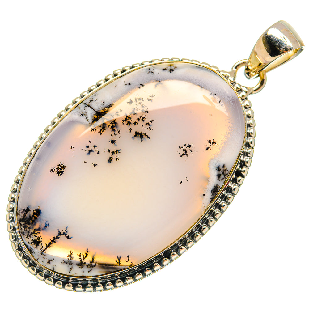 Oval dendritic opal pendant, silver-tone bezel with bail and beaded edge detailing