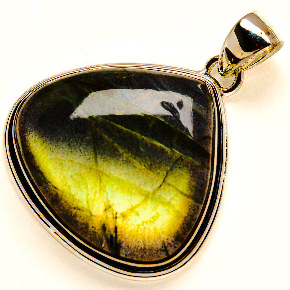 Labradorite teardrop pendant with silver bezel and polished bail, black-green-gold sheen