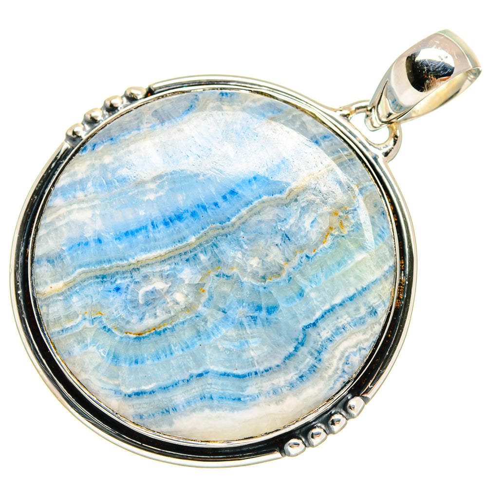 Blue scheelite pendant, 925 sterling silver round bezel with bead border and bail