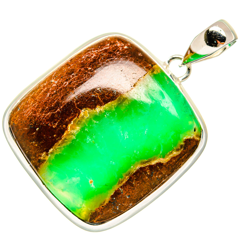 Chrysoprase pendant in 925 sterling silver, green-orange stone bezel with bail