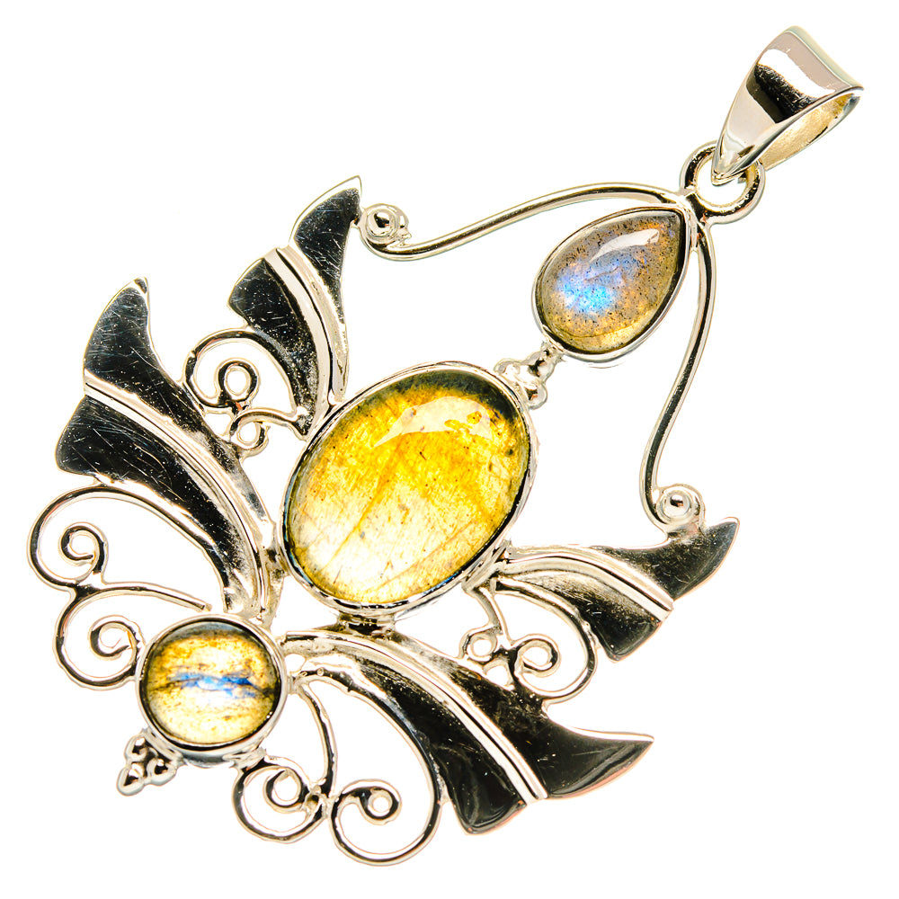 Labradorite pendant, 925 sterling silver, with yellow and blue oval stones and black enamel leaves