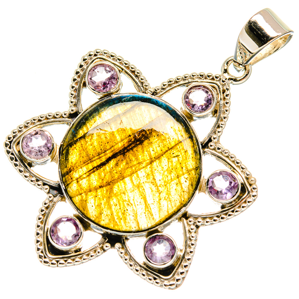 Sterling silver heart pendant with round yellow labradorite and purple amethyst stones